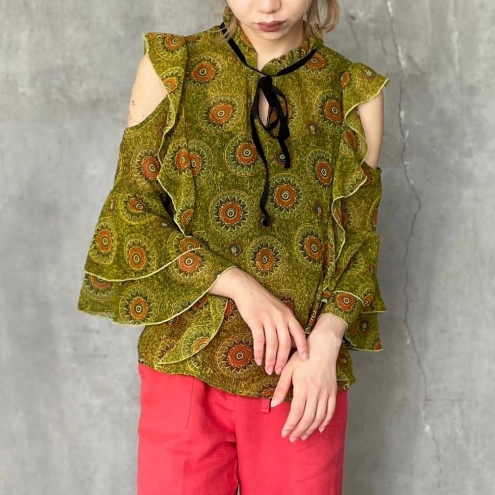 IKY & ME Sheer Green Boho Cold-Shoulder Ruffle Blouse Retro Large